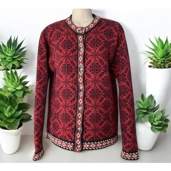 LL Bean Nordic Cardigan Sweater Size S 100% Cotton Red Black White Fair Isle - Picture 1 of 15